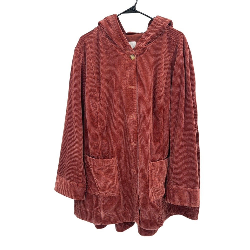 Corduroy Hooded Jacket 2X Oversized Rust Cotton Coat Casual Earthy Boho Lagen